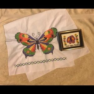 VINTAGE Butterfly Decor Set-Crewel & Cross stitch!